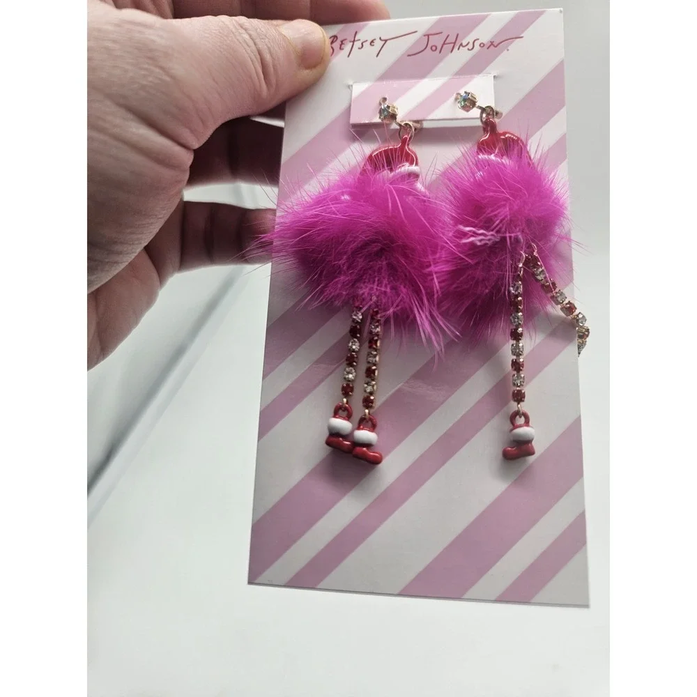 Betsey Johnson Gold Tone & Pink Fluffy Santa Flamingo Drop Earrings Crystal NWT‎